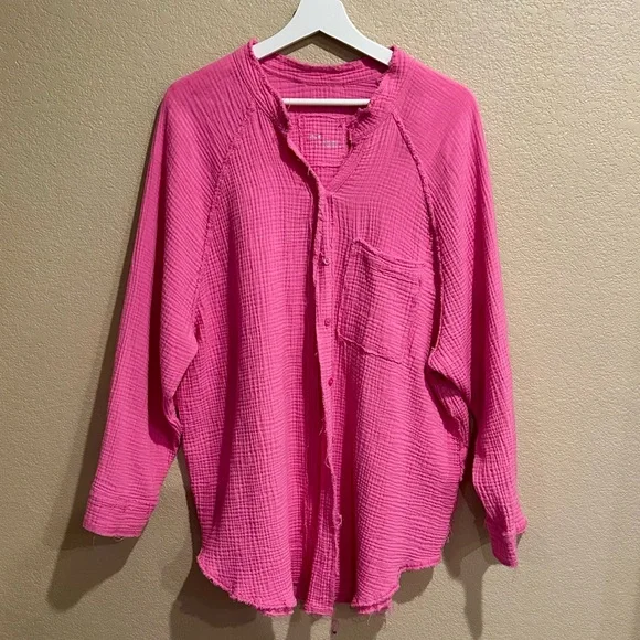 Aerie Pink Women's Gauzey Swim Cover-Up Top Size L Oversized Swim Beachy Boho - Picture 5 of 8